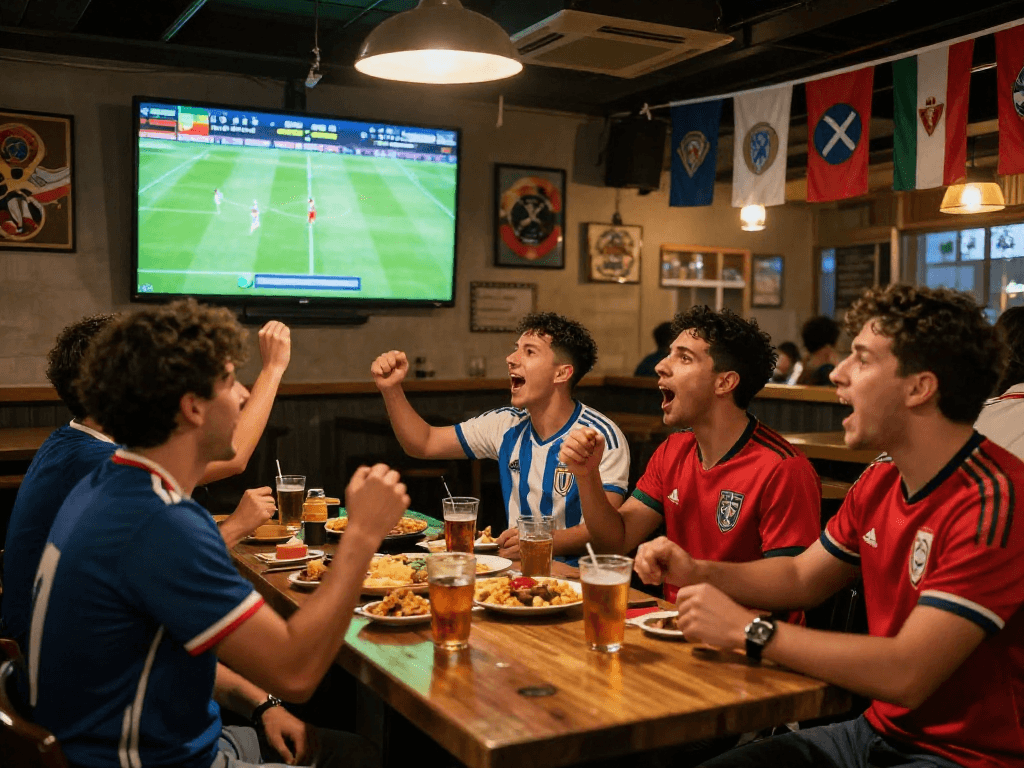 Excited fans enjoying live football at rakhoitv.network, showcasing a vibrant sports viewing atmosphere.